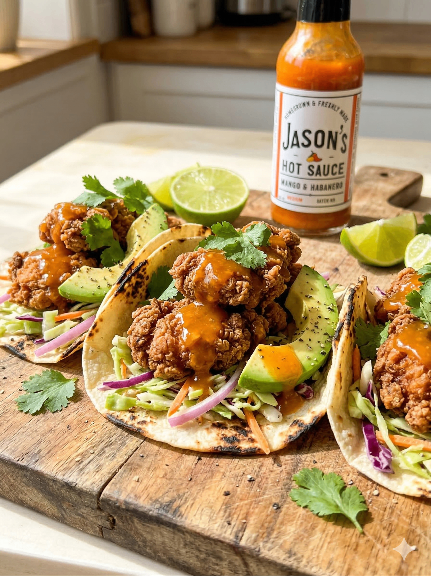Crispy Mango Habanero Chicken Tacos with Lime Slaw